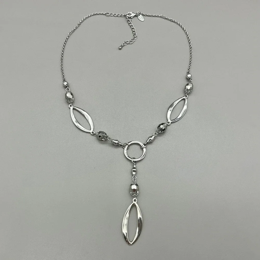 Lia Sophia Necklace Silver Tone Y Necklace Gray Faceted Beads Adjustable